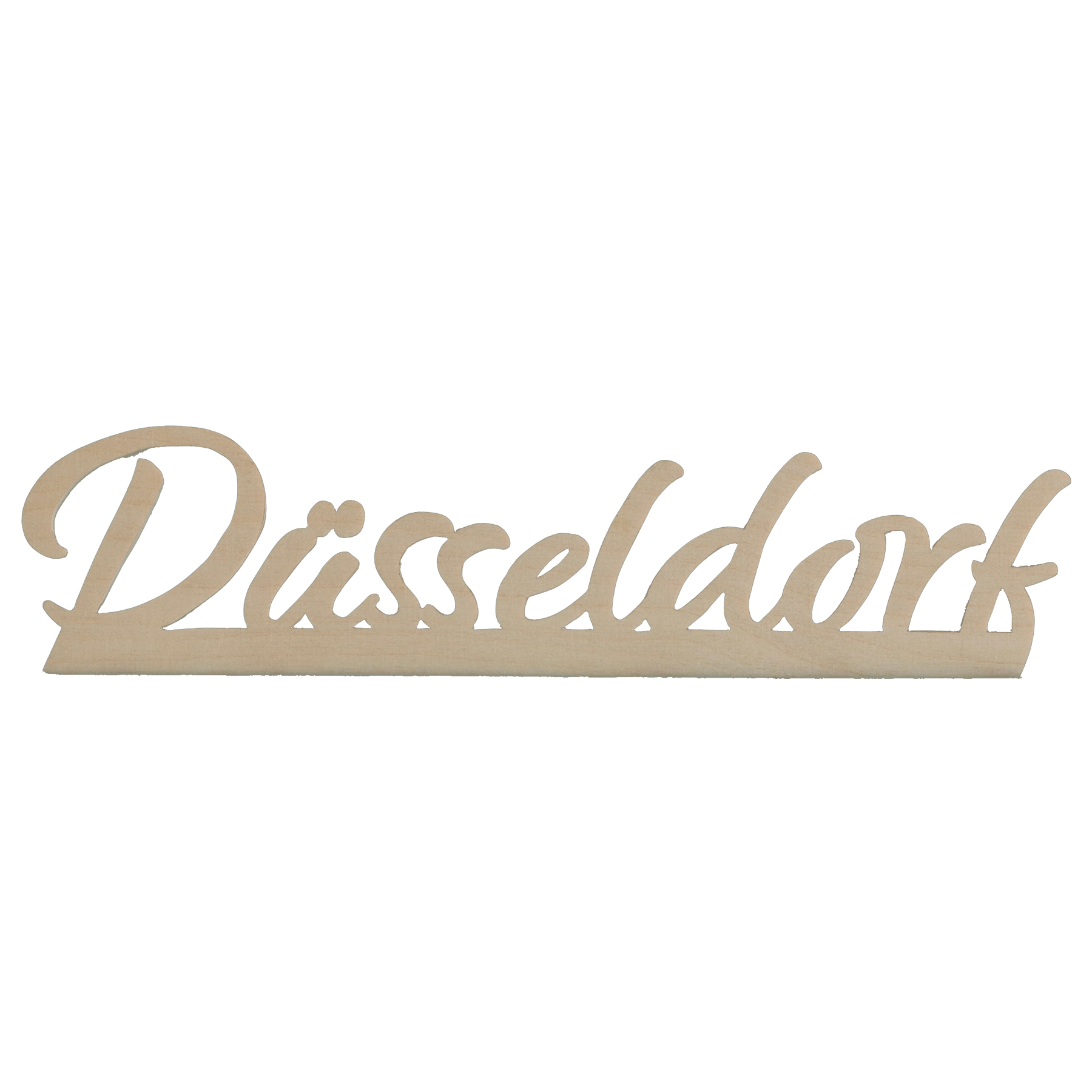 Geschwungener Düsseldorf-Schriftzug aus Holz zum Hinstellen.