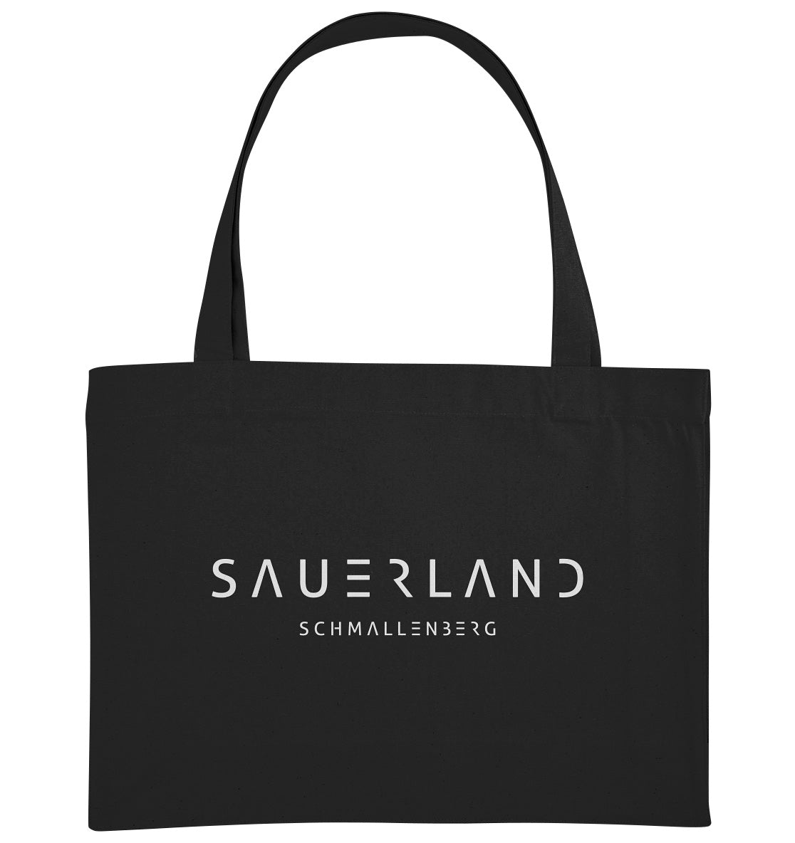 Schwarze Baumwolltasche mit weißem Sauerland Logo bedruckt. Der moderne Schriftzug wird darunter mit dem Dorfnamen ergänzt. In diesem Fall der Stadt Schmallenberg.