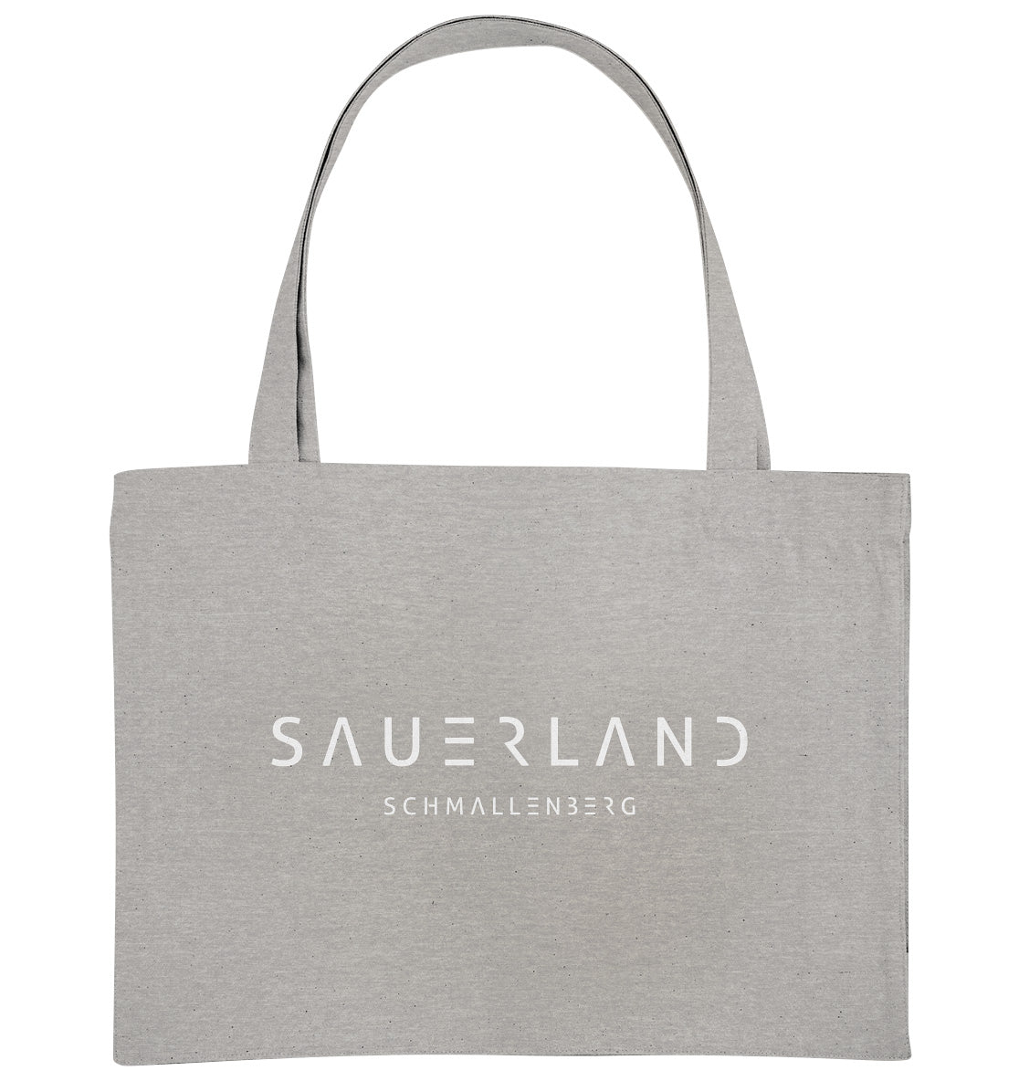 Hellgraue Baumwolltasche zum Umhängen ist mit dem neuen Sauerland-logo in weiß bedruckt. Darunter ist der Dorfname Schmallenberg aufgedruckt.